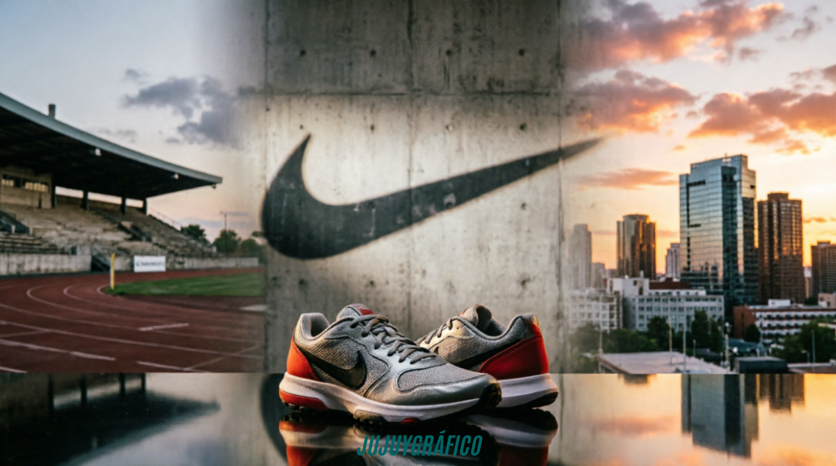 Zapatillas Nike 50 años de historia que cambió la moda global 1 Imagen 1 (Portada): Composición panorámica realista que muestra zapatillas Nike modernas sobre una superficie reflectante con el icónico logo Swoosh proyectado en una pared de concreto, fusionando una pista de atletismo clásica con un horizonte urbano contemporáneo al atardecer para simbolizar la evolución global de la marca.
