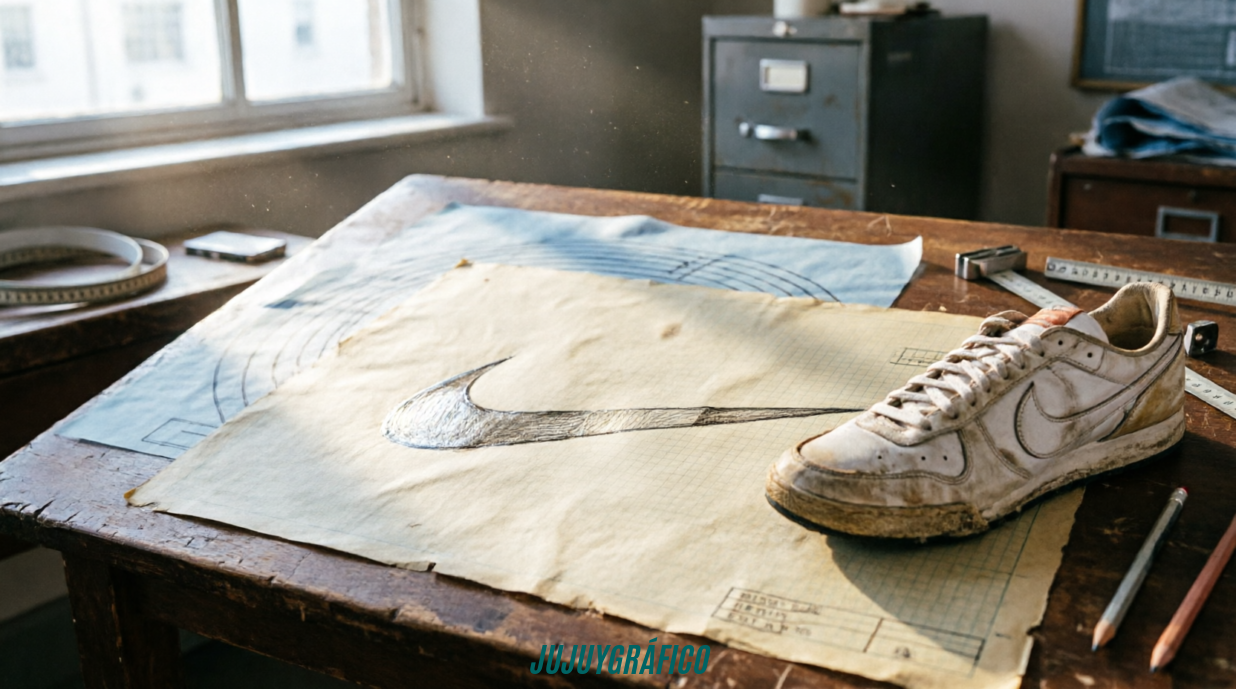 Zapatillas Nike 50 años de historia que cambió la moda global 2 Imagen 2 (Secundaria - Origen e historia): Fotografía realista con estética de los años 70 de una mesa de dibujo vintage que exhibe bocetos originales del logo Swoosh sobre papel milimetrado junto a un prototipo desgastado de zapatilla de entrenamiento Nike, evocando la humildad de sus inicios y el nacimiento del ícono deportivo.