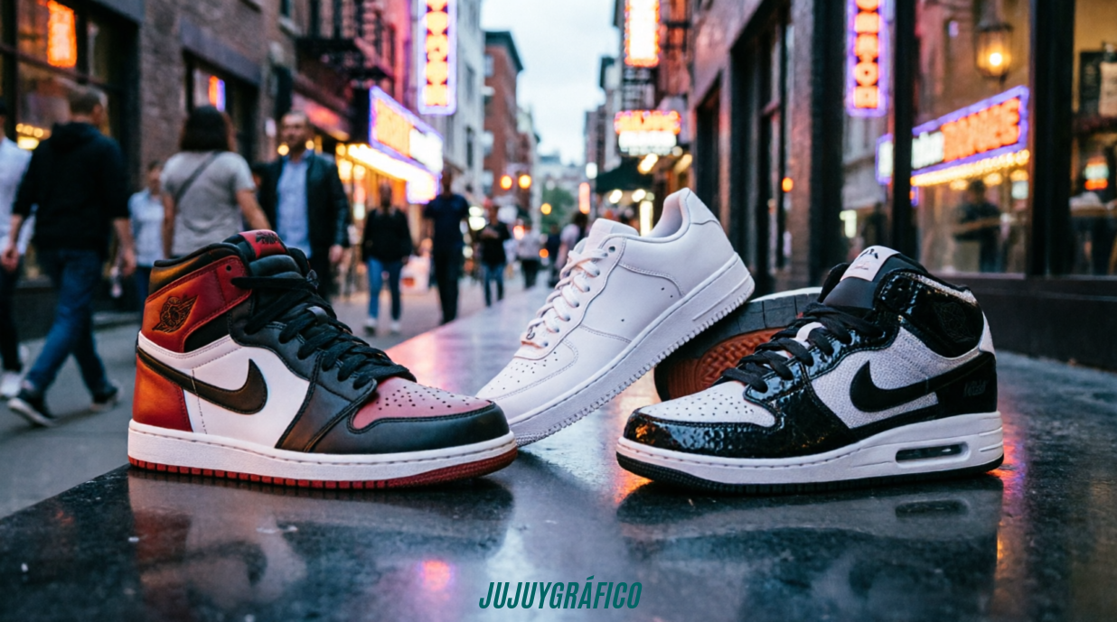 Zapatillas Nike 50 años de historia que cambió la moda global 3 Imagen 3 (Secundaria - Cultura urbana y moda): Escena urbana fotorealista a nivel de calle que presenta tres modelos emblemáticos de Nike (Air Jordan, Air Force 1 y Air Max) dispuestos sobre un muro de concreto en un barrio vibrante al anochecer, representando la transición de la marca del deporte profesional a la moda callejera y su legado generacional.