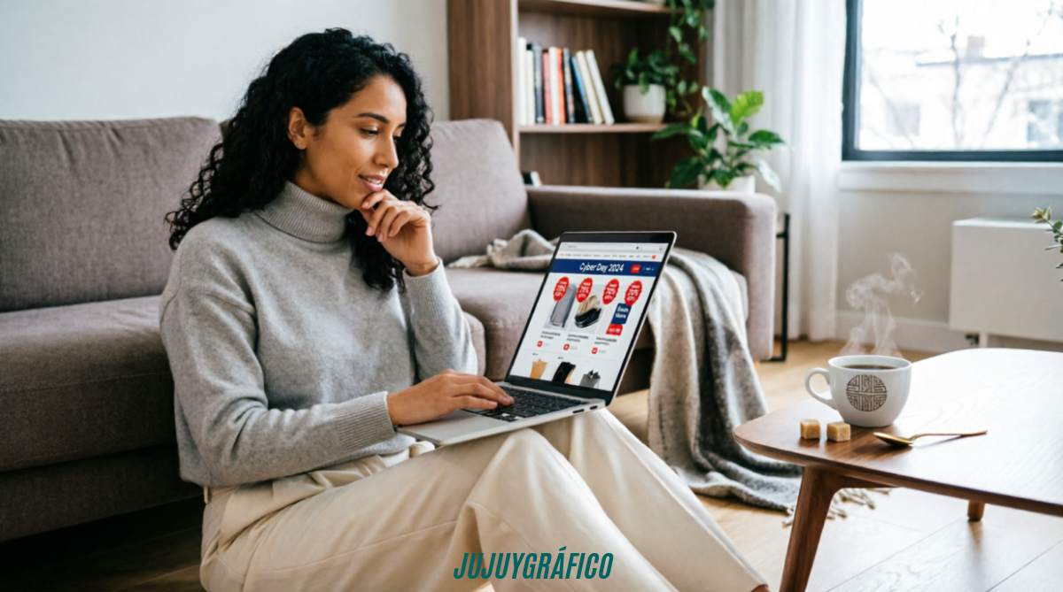 Mujer chilena comprando online en laptop durante el Cyber Day 2026, navegando ofertas de tecnología, moda y hogar en ambiente acogedor de invierno con café humeante El Cyber Day 2026 en Chile se acerca, las categorías con descuentos brutales que debes conocer ya 1
