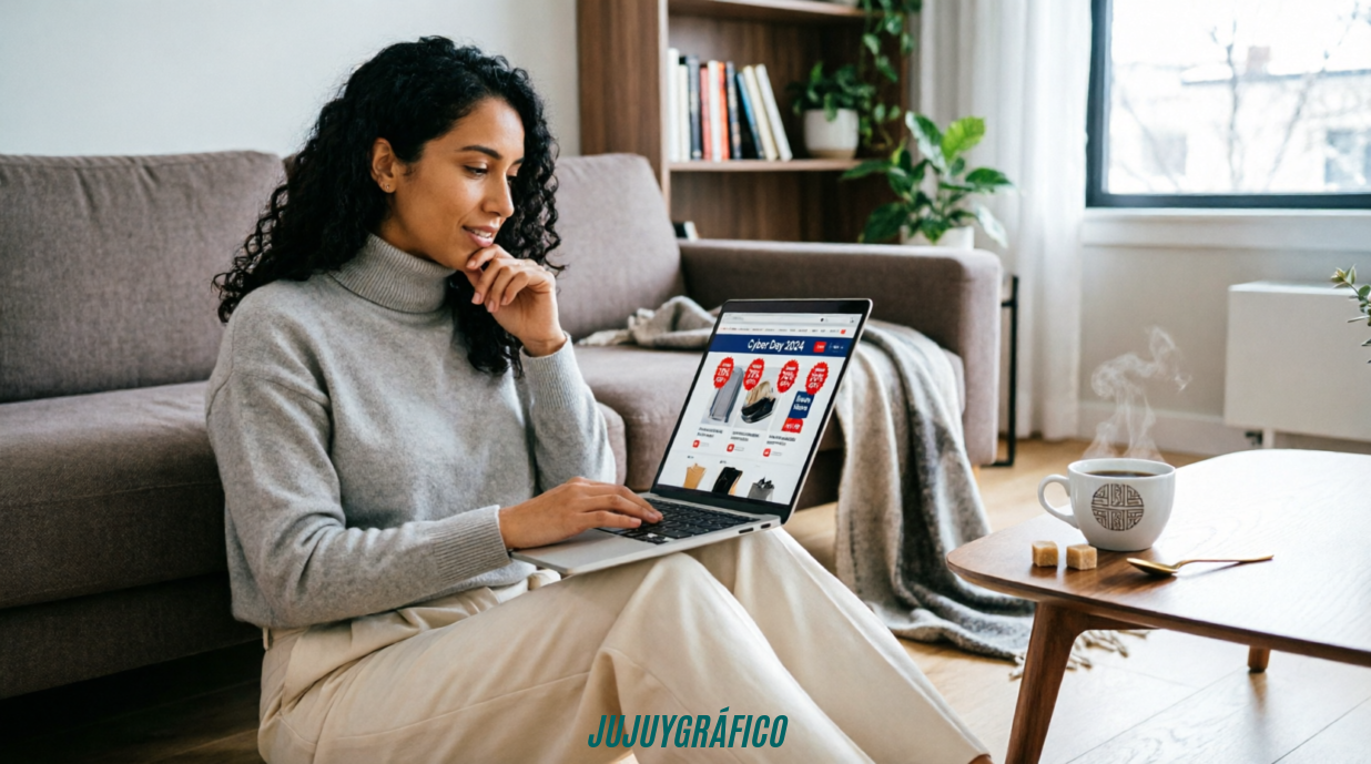 El Cyber Day 2026 en Chile se acerca: las categorías con descuentos irresistible que debes conocer ya 26 Mujer chilena comprando online en laptop durante el Cyber Day 2026, navegando ofertas de tecnología, moda y hogar en ambiente acogedor de invierno con café humeante El Cyber Day 2026 en Chile se acerca, las categorías con descuentos brutales que debes conocer ya 1