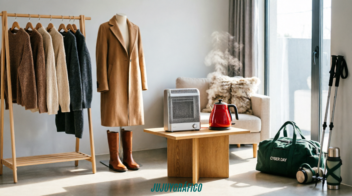 Categorías Cyber Day Chile invierno: sweaters y abrigos colgados, calefactor eléctrico, tetera roja, bolso de viaje verde y equipo de trekking junto a ventana luminosa El Cyber Day 2026 en Chile se acerca, las categorías con descuentos brutales que debes conocer ya 2