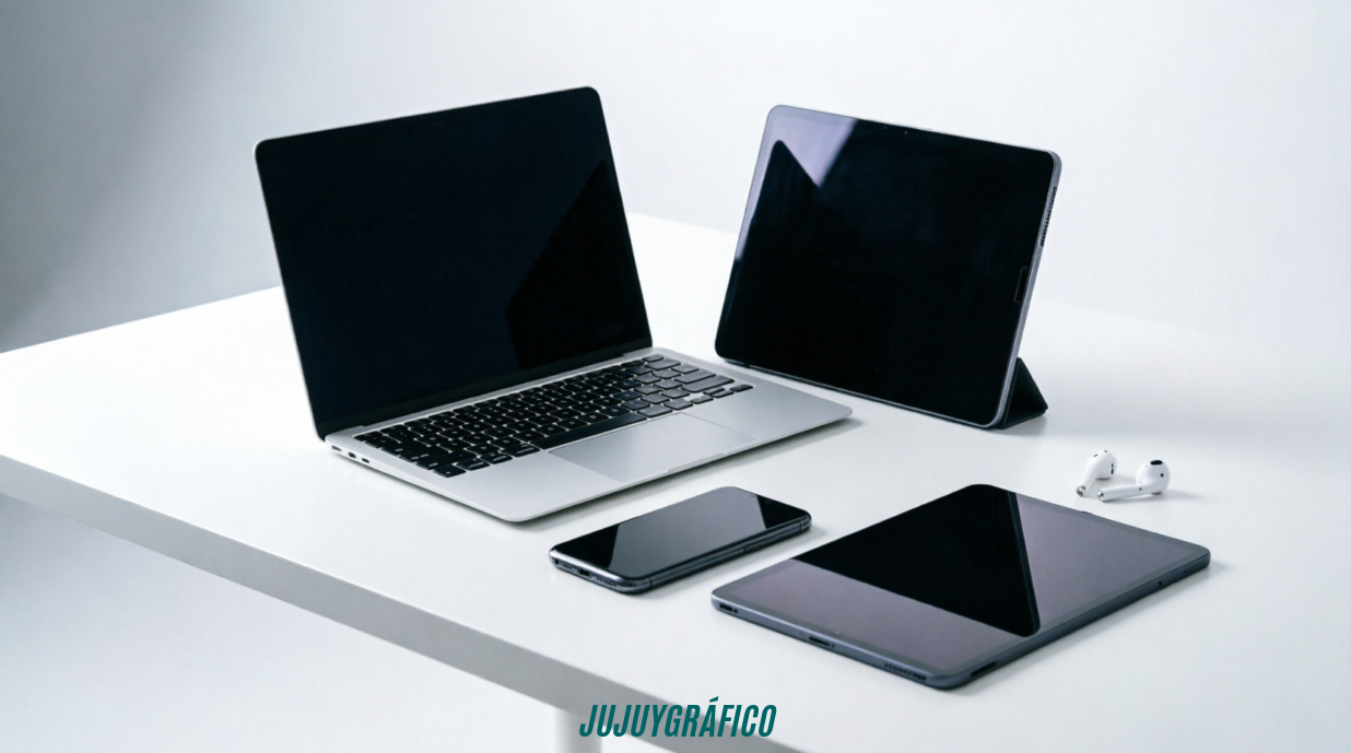 Productos de tecnología en oferta Cyber Day 2026 Chile: laptop, tablet, smartphone y auriculares inalámbricos dispuestos profesionalmente sobre mesa blanca minimalista El Cyber Day 2026 en Chile se acerca, las categorías con descuentos brutales que debes conocer ya 3
