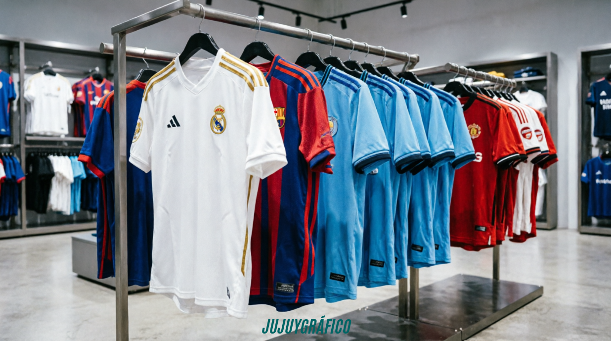 Cómo elegir las mejores camisetas de futbol baratas y la camiseta baloncesto ideal para vestir la pasión de los grandes ídolos del deporte 1 Colección de camisetas de fútbol de clubes europeos como Real Madrid, FC Barcelona, Manchester City, Manchester United y Arsenal exhibidas en una tienda deportiva moderna, mostrando la calidad del tejido técnico, los escudos bordados y los detalles termosellados de las equipaciones actualesCómo elegir las mejores camisetas de futbol baratas y la camiseta baloncesto ideal para vestir la pasión de los grandes ídolos del deporte 1