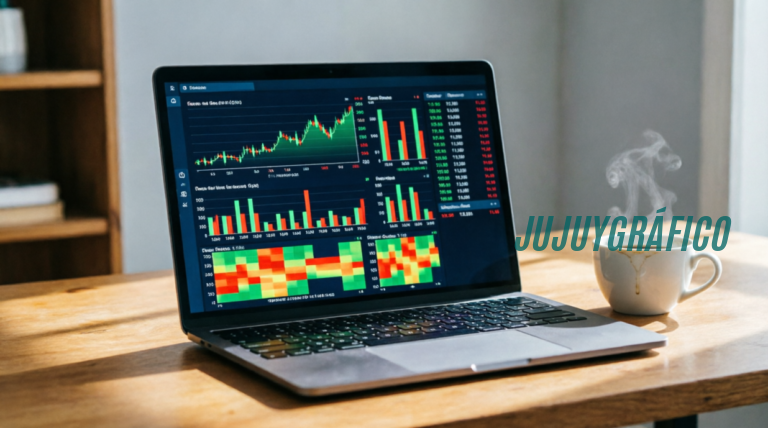 Fotografía editorial de la pantalla de un portátil mostrando un panel de análisis de apuestas en tiempo real con gráficos de datos en vivo, balances de ganancias y pérdidas, e historial de transacciones sobre un escritorio de madera con una taza de café, bajo iluminación ambiental natural. Historial de apuestas en tiempo real, cómo leer tus datos en Pinco Kazino 2