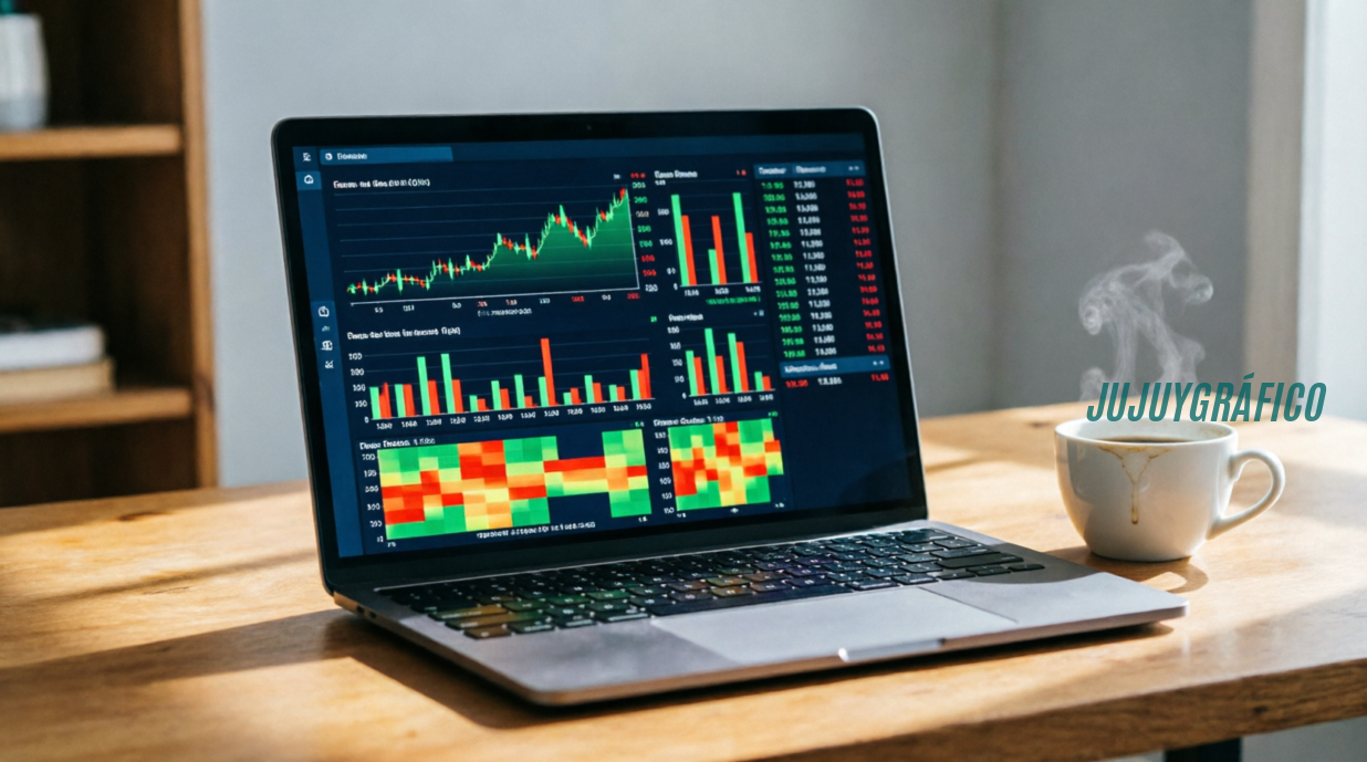 Fotografía editorial de la pantalla de un portátil mostrando un panel de análisis de apuestas en tiempo real con gráficos de datos en vivo, balances de ganancias y pérdidas, e historial de transacciones sobre un escritorio de madera con una taza de café, bajo iluminación ambiental natural. Historial de apuestas en tiempo real, cómo leer tus datos en Pinco Kazino 2