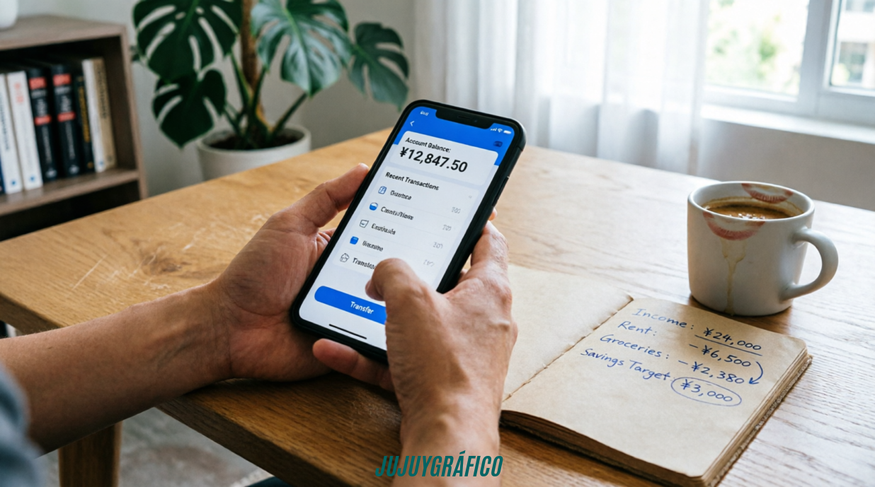 Situaciones financieras donde Dineria suele convertirse en una alternativa 2 Manos sosteniendo smartphone con aplicación financiera digital junto a notas manuscritas de presupuesto, ilustrando el proceso de evaluación de opciones de financiamiento digital para resolver necesidades económicas puntuales.Situaciones financieras donde Dineria suele convertirse en una alternativa 2