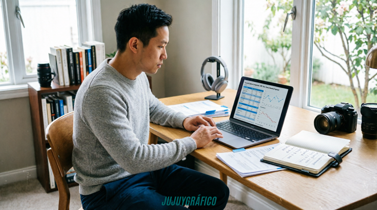 Situaciones financieras donde Dineria suele convertirse en una alternativa 3 Trabajador independiente en su espacio de trabajo revisando opciones financieras en laptop mientras organiza sus herramientas profesionales, representando la toma de decisiones financieras responsables tras evaluar costos y capacidad de pago.Situaciones financieras donde Dineria suele convertirse en una alternativa 3