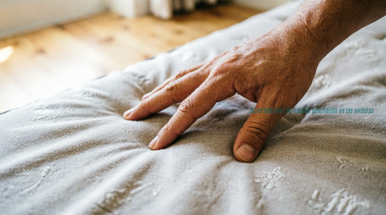 Plano detalle realista de una mano presionando suavemente la superficie de un colchón premium, mostrando la textura de la tela y la capacidad de soporte del material bajo una luz diurna natural y cálida.Colchón la guía definitiva para elegir el adecuado y cuidar tu salud 1
