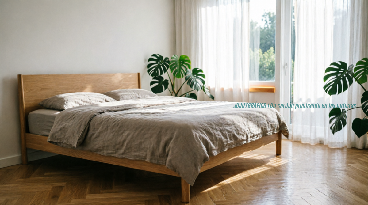 Habitación serena e iluminada por la luz natural de la mañana, con una cama de alta calidad vestida con sábanas de lino y detalles en madera clara, transmitiendo paz, salud y un descanso auténtico. Colchón la guía definitiva para elegir el adecuado y cuidar tu salud 2