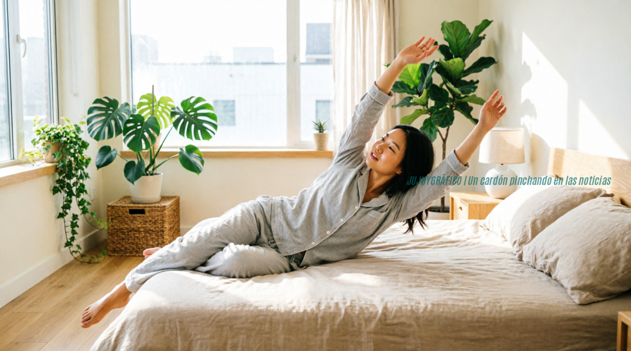 Persona despertando renovada y estirándose con comodidad en un dormitorio luminoso y aireado con plantas de interior y muebles de madera natural, reflejando bienestar y los beneficios de un sueño reparador.Colchón la guía definitiva para elegir el adecuado y cuidar tu salud 3