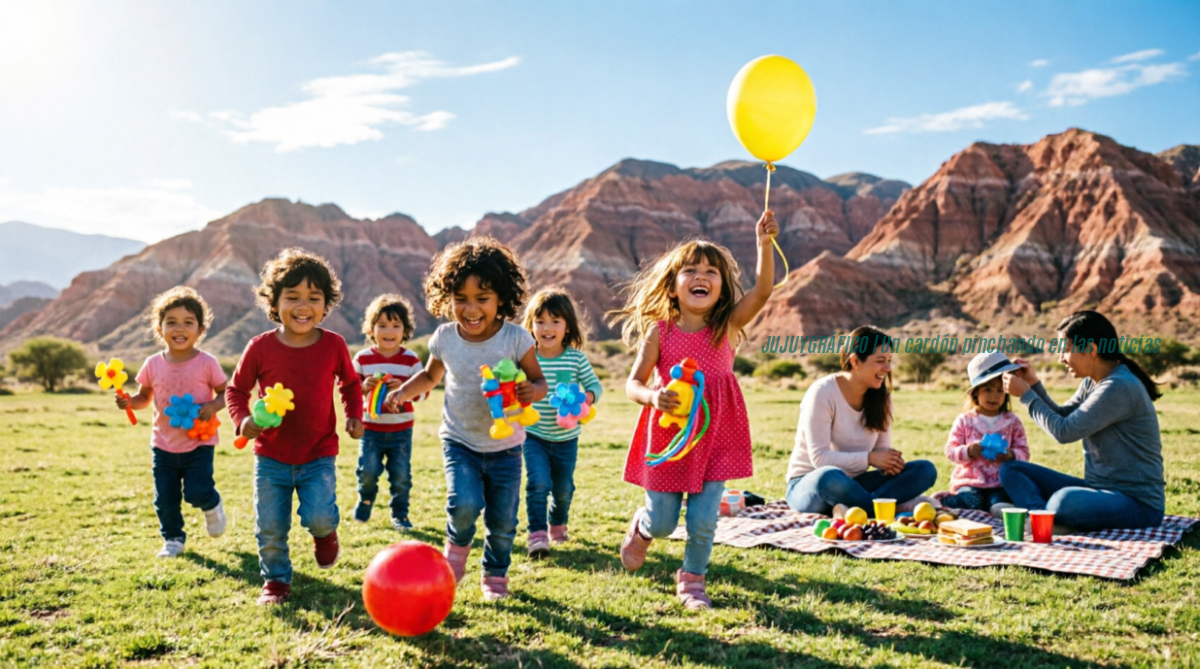 Día del Niño 2026: fecha confirmada, récord de consultas y agenda esencial en Jujuy 1 Niños corriendo y jugando felizmente en un parque al aire libre con las montañas características de Jujuy al fondo, celebrando el Día del Niño 2026. Los niños sostienen juguetes coloridos y globos, mientras familias disfrutan de un picnic en el césped bajo un cielo azul soleado. Día del Niño 2026. fecha confirmada, récord de consultas y agenda en Jujuy Niños jugando en un parque durante el Día del Niño 2026 en Jujuy 1