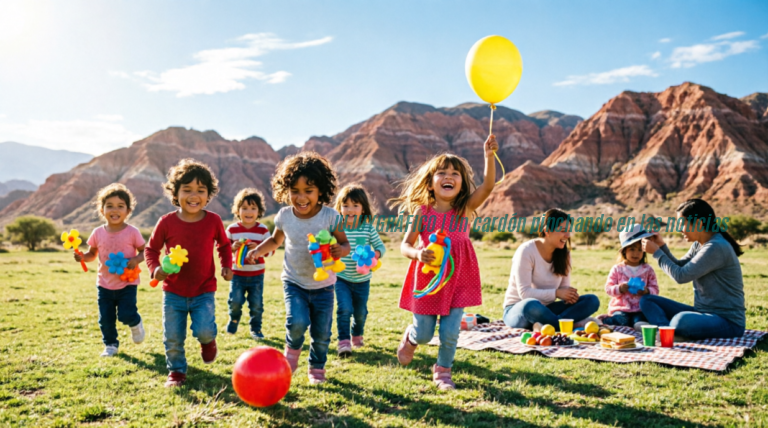 Niños corriendo y jugando felizmente en un parque al aire libre con las montañas características de Jujuy al fondo, celebrando el Día del Niño 2026. Los niños sostienen juguetes coloridos y globos, mientras familias disfrutan de un picnic en el césped bajo un cielo azul soleado. Día del Niño 2026. fecha confirmada, récord de consultas y agenda en Jujuy Niños jugando en un parque durante el Día del Niño 2026 en Jujuy 1