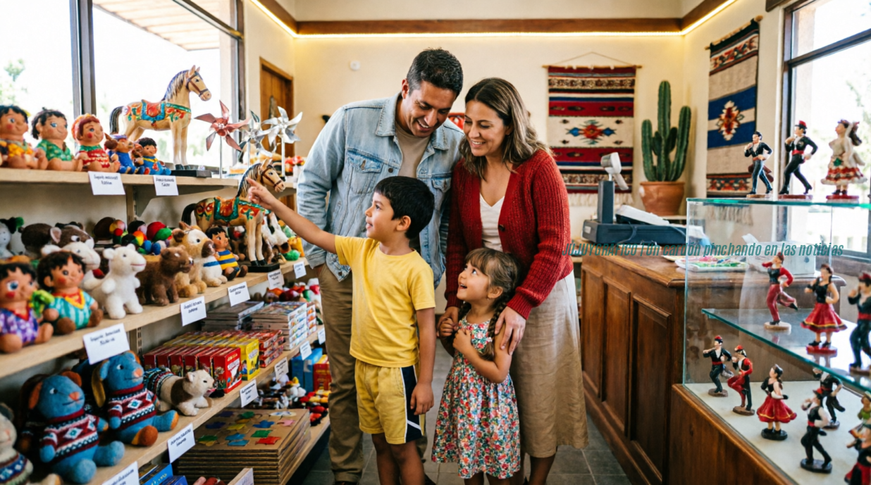 Familia argentina con dos niños eligiendo juguetes en una juguetería local de Jujuy. Los padres sonríen mientras sus hijos señalan con entusiasmo diferentes juguetes tradicionales argentinos exhibidos en estantes, incluyendo caballos de madera, muñecos y juegos educativos. Día del Niño 2026. fecha confirmada, récord de consultas y agenda en Jujuy Niños jugando en un parque durante el Día del Niño 2026 en Jujuy 2