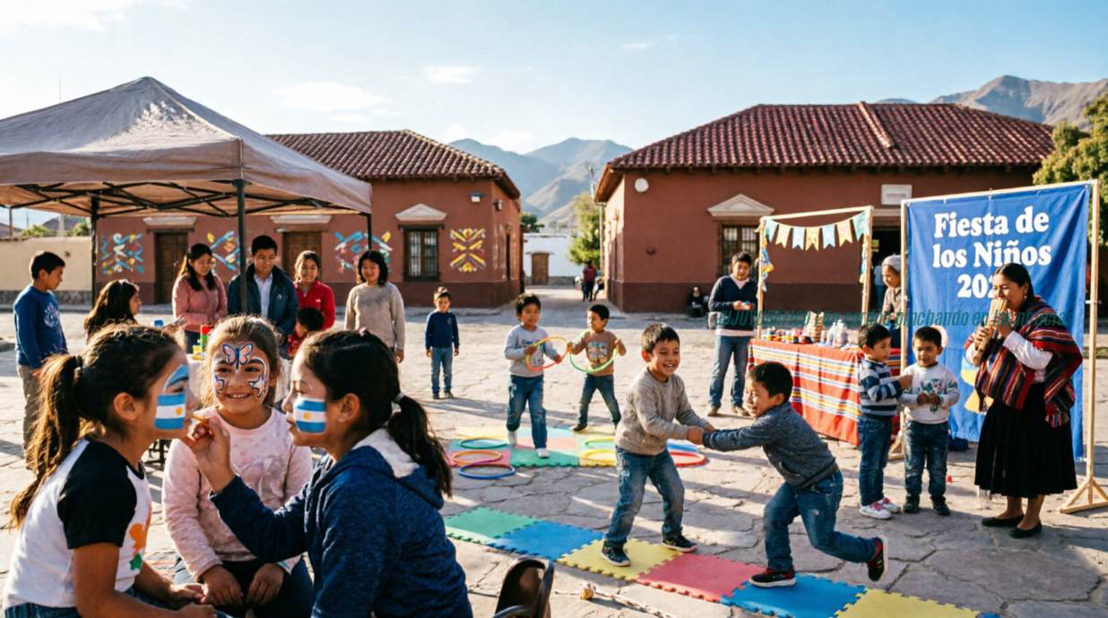 Celebración del Día del Niño en una plaza pública de San Salvador de Jujuy con niños participando en actividades recreativas. Niños con la bandera argentina pintada en sus mejillas, juegos con aros de colores en el piso, carpas de eventos y un cartel que dice "Fiesta de los Niños 2026" con las montañas jujeñas al fondo. Día del Niño 2026. fecha confirmada, récord de consultas y agenda en Jujuy Niños jugando en un parque durante el Día del Niño 2026 en Jujuy 3