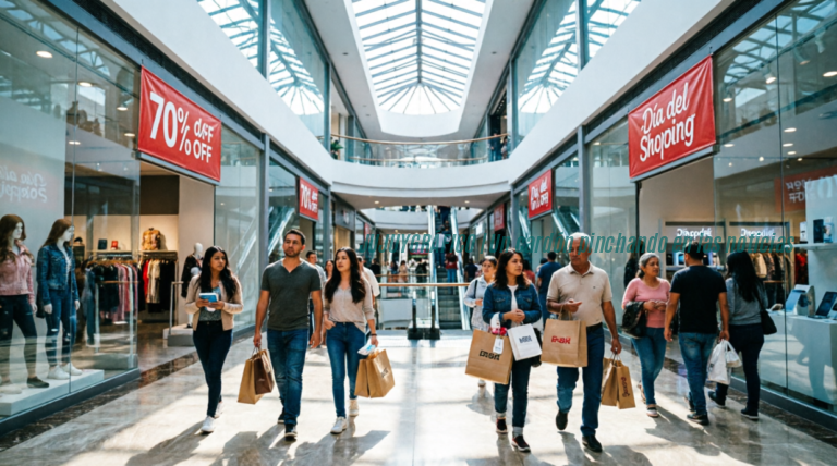 Consumidores recorren un moderno centro comercial peruano durante el Día del Shopping 2026, con carteles rojos visibles mostrando descuentos del 70% y la promoción del evento, personas diversas caminando por el corredor principal cargando bolsas de compras bajo iluminación natural de claraboyas. Día del Shopping 2026 ofertas confirmadas en 90 centros comerciales Consumidores recorren tiendas durante el Día del Shopping 2026 en un centro comercial de Perú 1