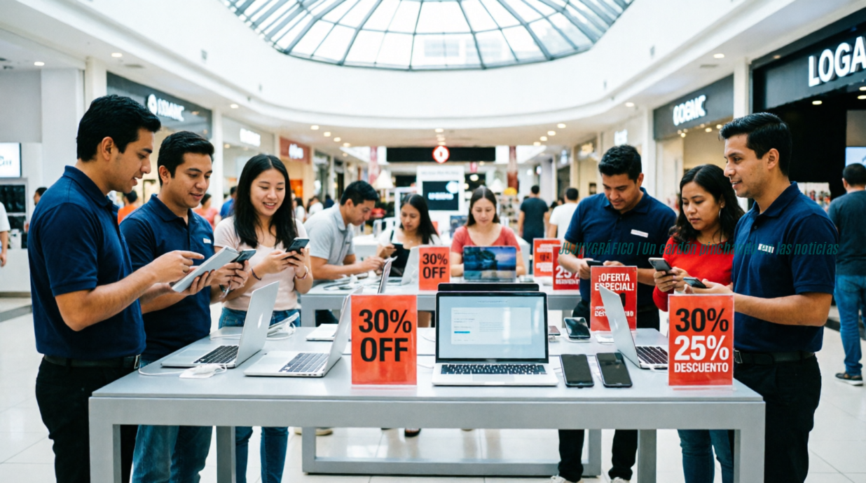 Clientes examinan laptops y smartphones en exhibición durante el Día del Shopping en centro comercial de Perú, con carteles naranjas de descuento del 30% y 25%, vendedores asisten a compradores en mesa de productos tecnológicos bajo cúpula de vidrio con luz natural. Día del Shopping 2026 ofertas confirmadas en 90 centros comerciales Consumidores recorren tiendas durante el Día del Shopping 2026 en un centro comercial de Perú 2