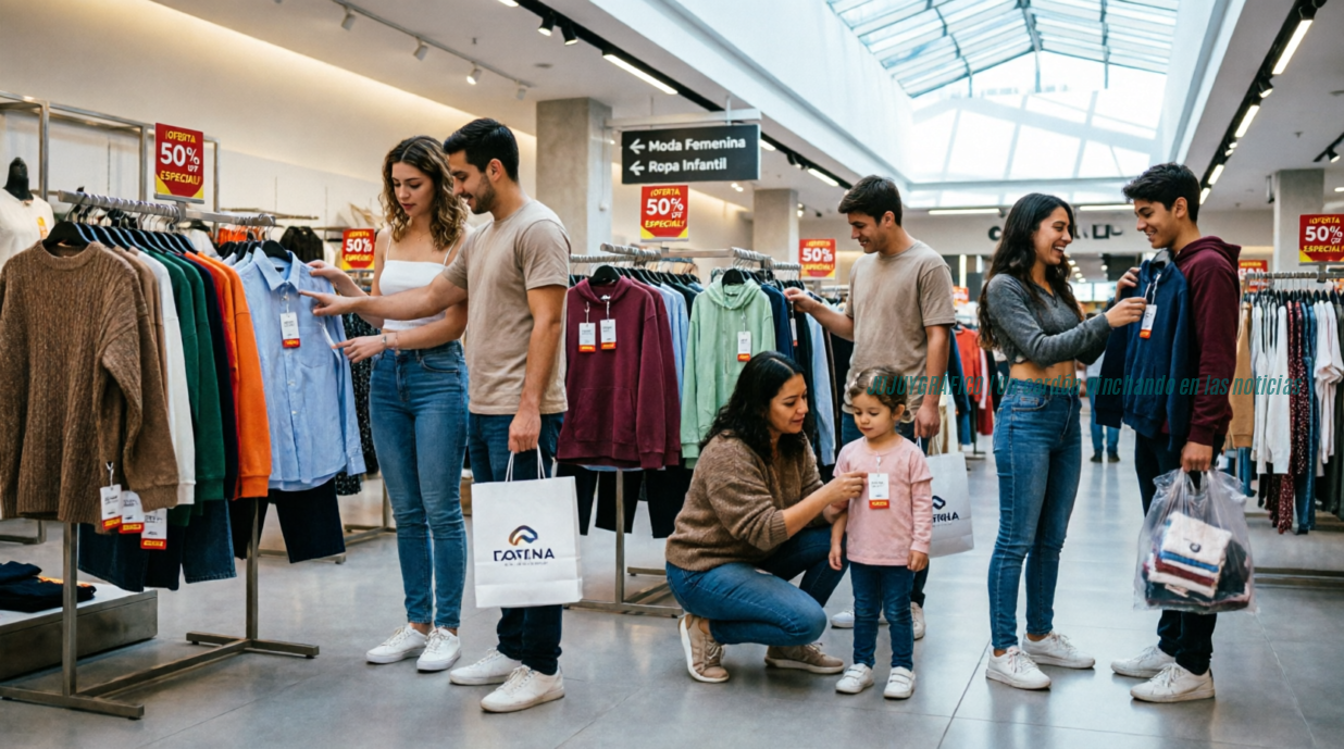 Familias peruanas seleccionan prendas de vestir en tienda de ropa durante el Día del Shopping 2026, con carteles rojos de 50% de descuento visibles en percheros, padres e hijos browseando entre racks de ropa casual, ambiente retail moderno con iluminación natural de claraboya. Día del Shopping 2026 ofertas confirmadas en 90 centros comerciales Consumidores recorren tiendas durante el Día del Shopping 2026 en un centro comercial de Perú 3