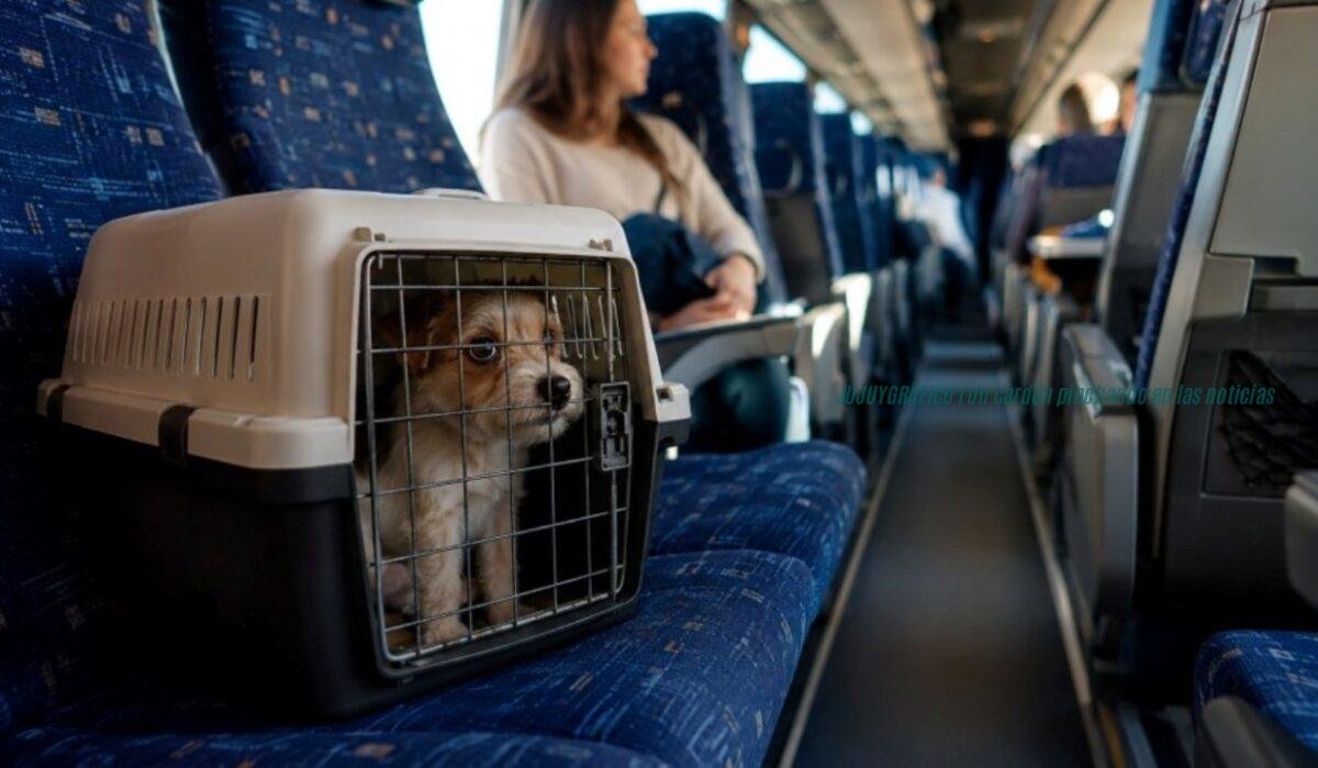 Foto de un perro pequeño dentro de un transportín ventilado en el pasillo de un colectivo de larga distancia. Viajar con mascotas en colectivo de larga distancia Argentina Viajar con mascotas ya no es clandestino. la norma de transporte nacional que ordena el mapa y llega a Jujuy 9