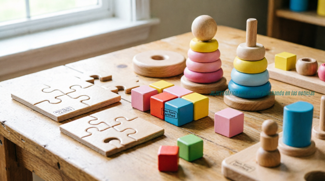juguetes para niños de calidad y seguros para regalar en 2026 1 juguetes para niños de calidad y seguros para regalar en 2026 1Variedad de juguetes educativos de madera sobre mesa natural incluyendo rompecabezas, aros apilables coloridos, bloques de construcción y materiales Montessori con certificación no tóxica visible, iluminación suave de ventana, enfoque en texturas y calidad de materiales seguros para desarrollo infantil.