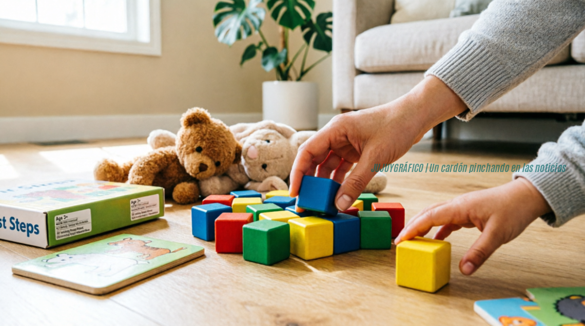 juguetes para niños de calidad y seguros para regalar en 2026 2 Padre e hijo jugando juntos con bloques de madera coloridos y juguetes educativos sobre piso de madera en ambiente hogareño cálido, con osos de peluche y cajas de juguetes con etiquetas de edad visible, iluminación natural, escena familiar auténtica que representa juego seguro y desarrollo infantil.