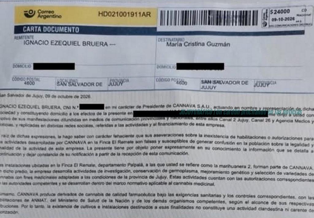 Cannava Jujuy, carta documento a Cristina Guzmán finca El Remate
