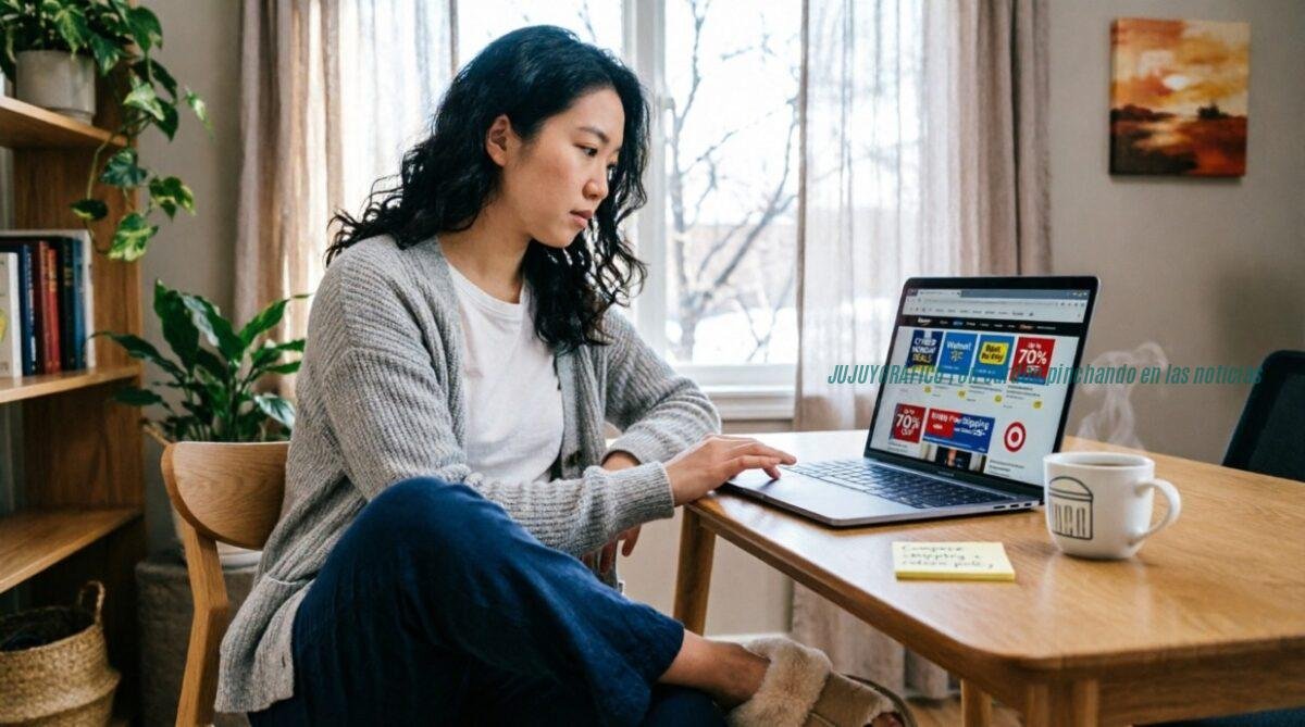 Cyber Monday, fecha, precios y seguridad, antes de comprar 1 Cyber Monday, fecha, precios y seguridad, antes de comprar 1 Persona compara ofertas y precios del Cyber Monday en una computadora portátil desde su hogar, con múltiples pestañas del navegador mostrando diferentes tiendas online y descuentos, ambiente natural de home office con luz diurna.