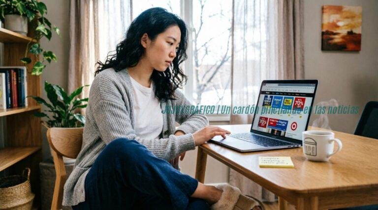 Cyber Monday, fecha, precios y seguridad, antes de comprar 1 Persona compara ofertas y precios del Cyber Monday en una computadora portátil desde su hogar, con múltiples pestañas del navegador mostrando diferentes tiendas online y descuentos, ambiente natural de home office con luz diurna.