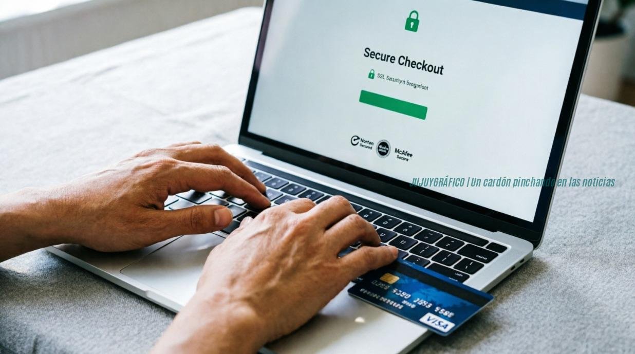 Cyber Monday, fecha, precios y seguridad, antes de comprar 2 Manos ingresando datos de pago en una laptop durante el Cyber Monday, tarjeta de crédito visible junto a la computadora que muestra página de checkout seguro con icono de candado y certificados de seguridad SSL, enfoque en la protección de datos en compras online.