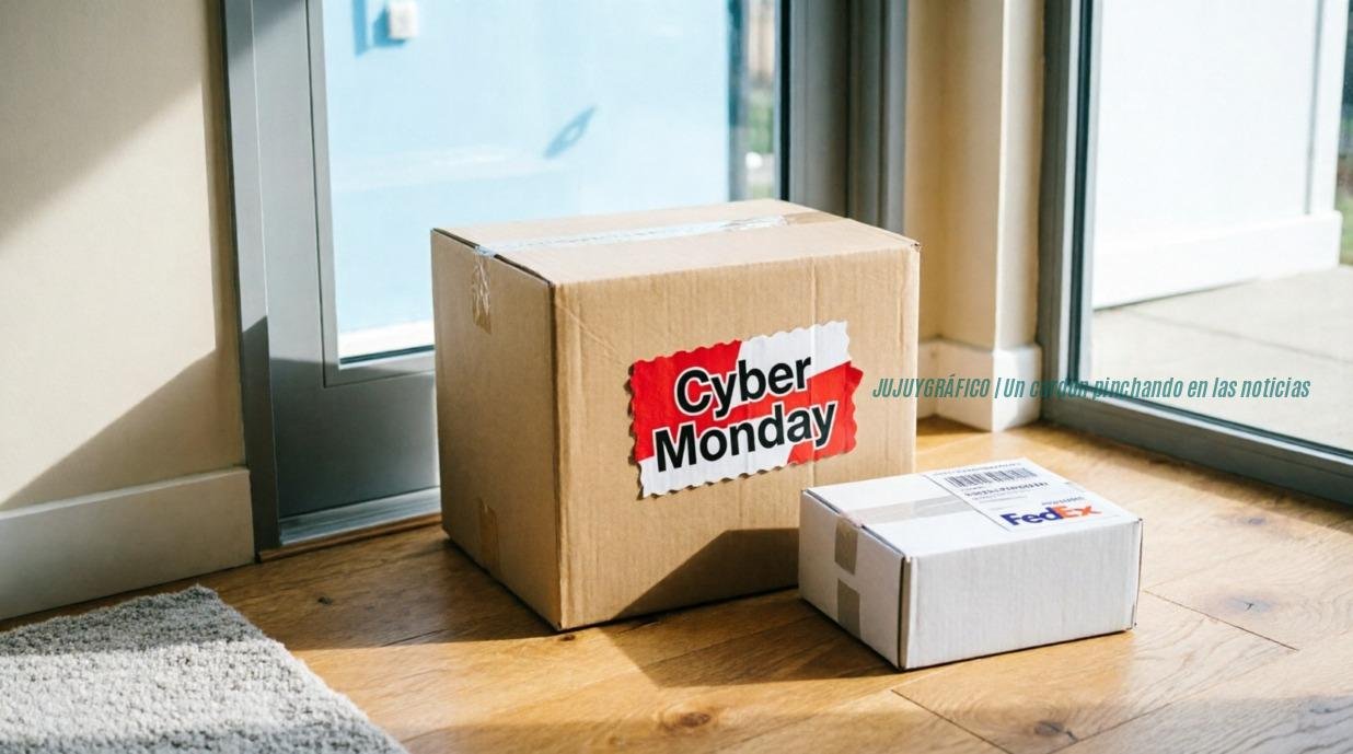 Cyber Monday, fecha, precios y seguridad, antes de comprar 3 Cajas de entrega de pedidos del Cyber Monday en el piso de madera junto a la puerta de entrada, paquete principal con etiqueta de Cyber Monday y caja más pequeña con etiqueta de envío FedEx, luz natural, representando la recepción de compras online.