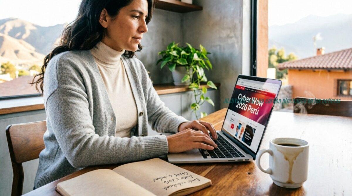 Persona en un hogar de Jujuy revisando en una computadora portátil las ofertas del Cyber Wow 2026 de Perú, evaluando condiciones de compra transfronteriza con iluminación natural cálida, detalles auténticos de escritorio y estilo editorial fotoperiodístico.