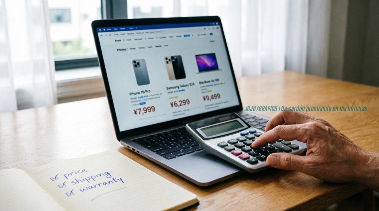 Cyber Wow 2026,Primer plano de una mano usando una calculadora física junto a una pantalla que compara precios de productos en sitios de comercio electrónico, con una lista de verificación escrita a mano sobre precio, envío y garantía en un cuaderno, representando la planificación de compras online inteligentes.