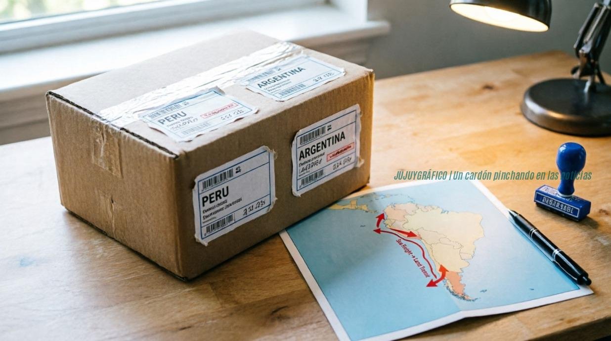 Cyber Wow 2026,Caja de envío de cartón con etiquetas de aduana y códigos de barras sobre un escritorio, junto a un mapa de Sudamérica que resalta la ruta logística entre Perú y Argentina, ilustrando los desafíos de verificación de condiciones de entrega y logística en compras internacionales.