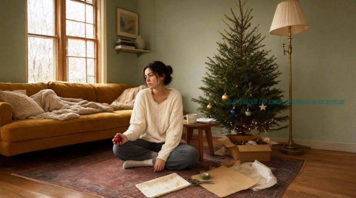 Negatividad navideña: 5 secretos comprobados para cuidar el ánimo en diciembre 1 Mujer sentada junto a un árbol de Navidad con gesto cansado, imagen que ilustra la negatividad navideña en los hogares